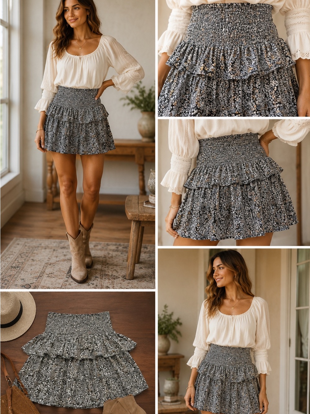Anthropologie Women’s Floral Smocked Tiered Ruffle Skirt M Peasant Prairie NWT